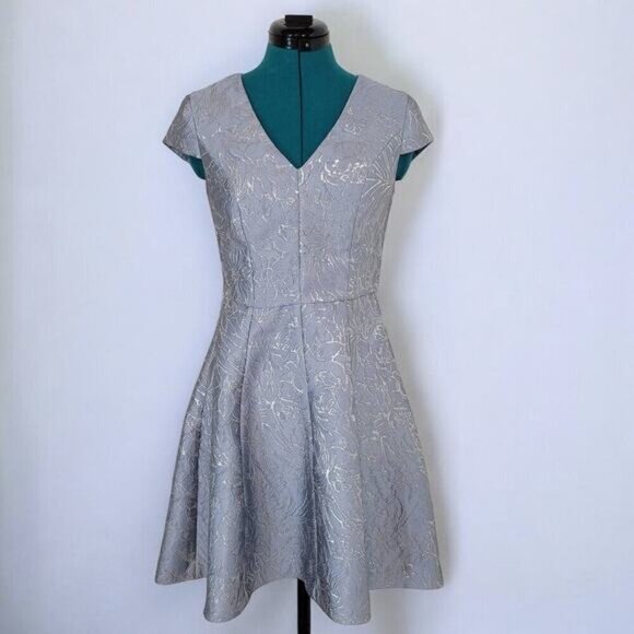 Halston Heritage Metallic Jacquard High/low Cocktail Dress In Silver Grey - 2 - Picture 2 of 10